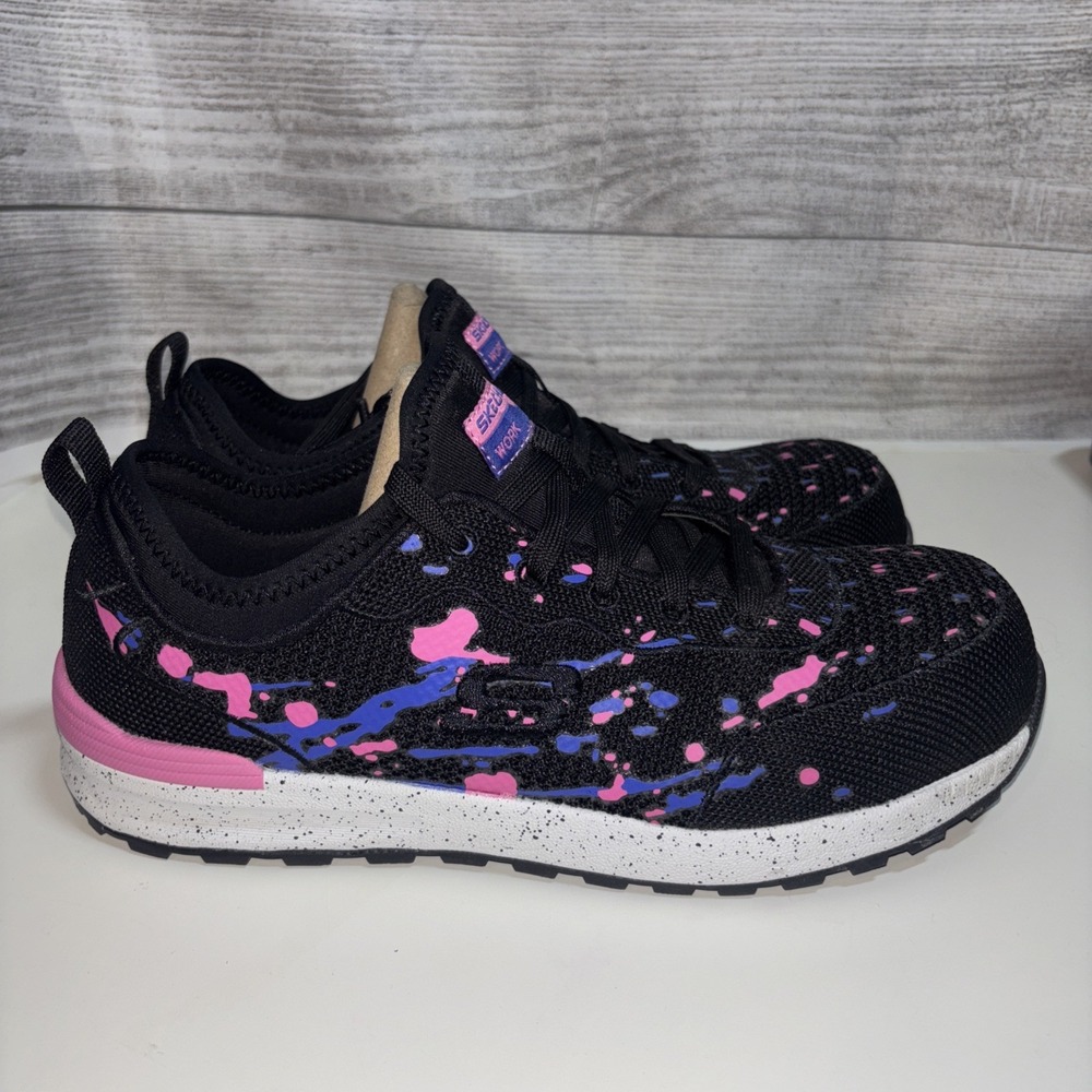 Women 7.5 Skechers Comp Toe Black‎ Purple Splatter Paint Work Shoe Memory Foam - Picture 2 of 10